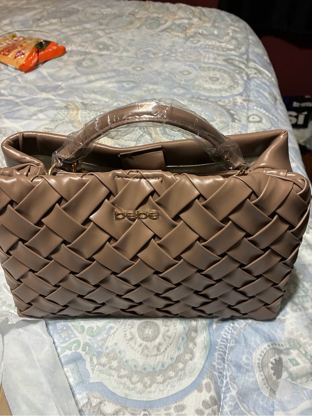 bebe Taupe Woven Top-Handle Satchel